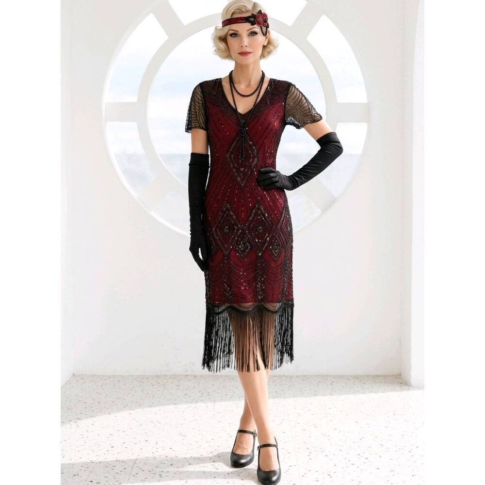 ☔️🩵⏭️NWT Red & Black Gatsby Flapper Dress 5-Piece Set Medium